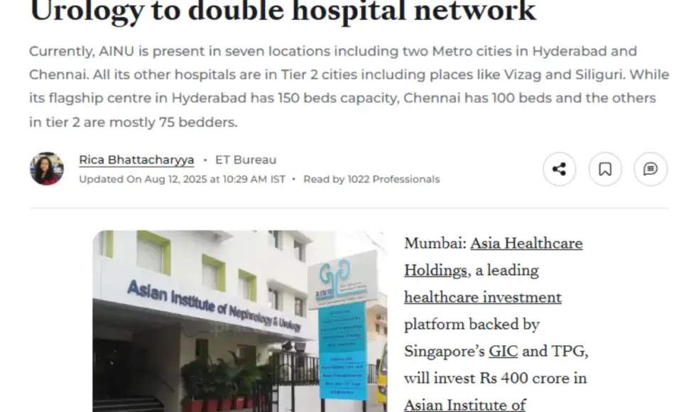 Asia Healthcare Holdings to invest ₹400 crore in AINU to double network - ET Healthworld
