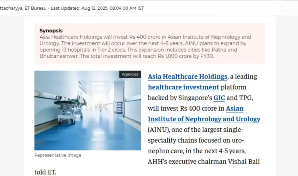 Asia Healthcare Holdings to invest ₹400 crore in AINU to double hospital network - The Economic Times